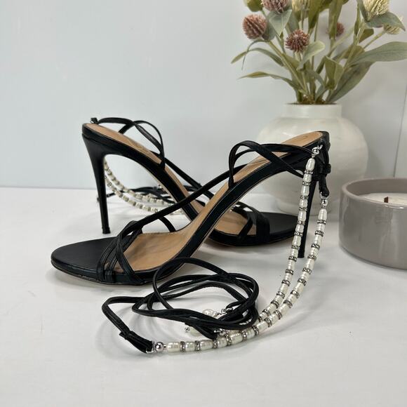 Sam Edelman Scarlette Leather Beaded Ankle Wrap Heels Black/Pearl Women's 9 M - Picture 9 of 14